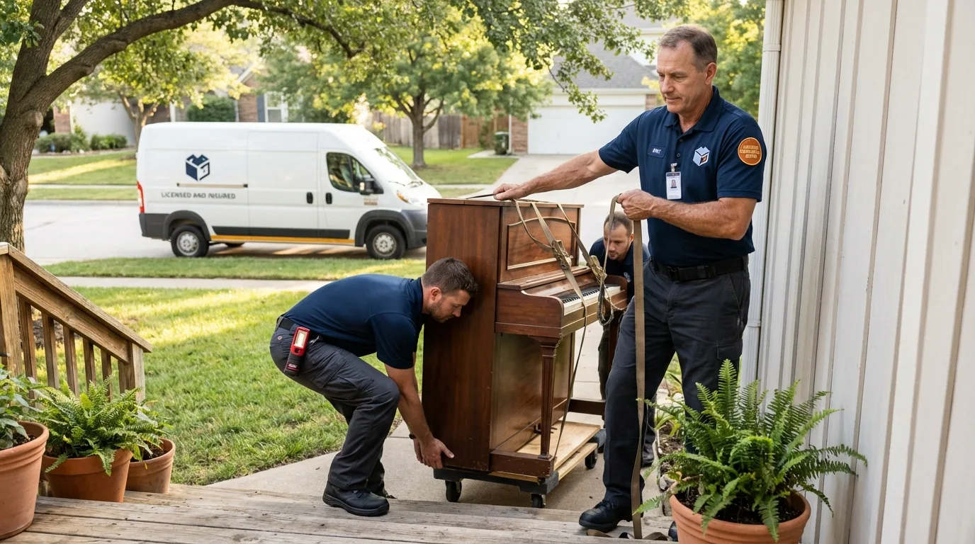 Licensed piano movers securing grand piano in Aransas Pass, TX