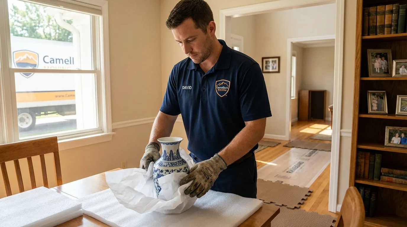 Professional crew carefully wrapping antique vase for senior downsizing move in Aransas Pass, TX